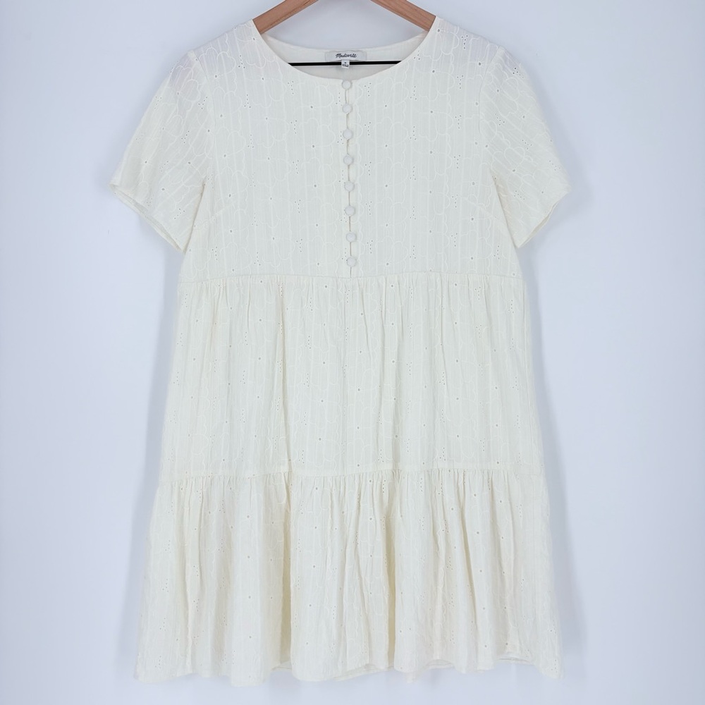 Madewell Ivory Embroidered Eyelet Tiered Mini Dress